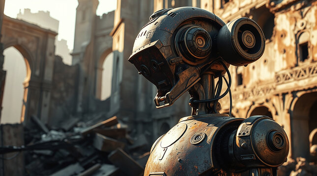 Broken ancient robot with rusted arms, surrounded by green vines and soft sunlight &ndash; calm, atmospheric.
