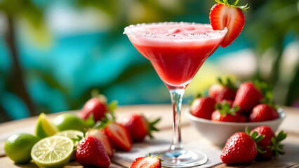 Refreshing Strawberry Margarita with Lime on a Sunny Outdoor Table