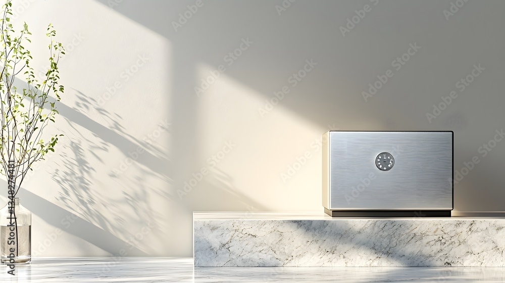 Poster a striking modern setting featuring a sleek high end safe resting on a smooth marble counter its sha