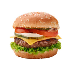Juicy Burger with Fresh Ingredients on White Background