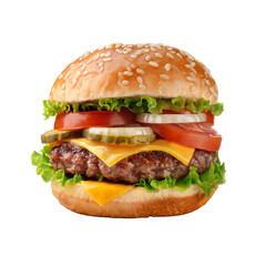 Juicy Burger with Fresh Ingredients on White Background