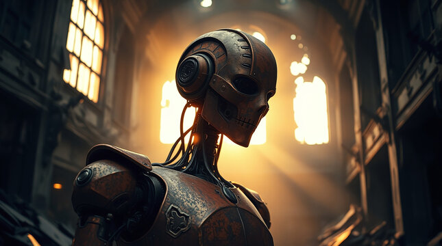 Decaying machine hidden beneath ivy and moss, golden light filtering through ruins &ndash; moody, detailed