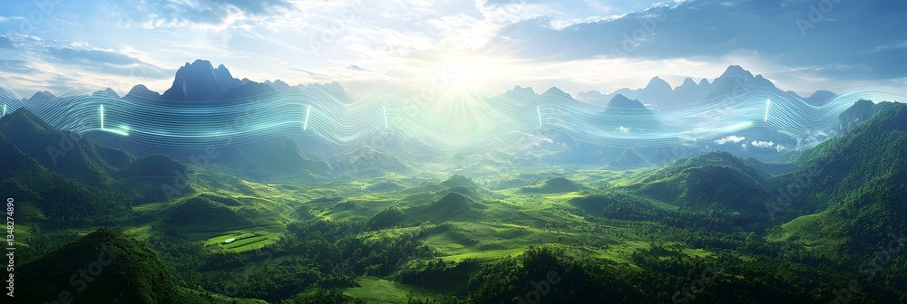 Poster a surreal and captivating landscape where wireless signal waves seamlessly blend with the natural be
