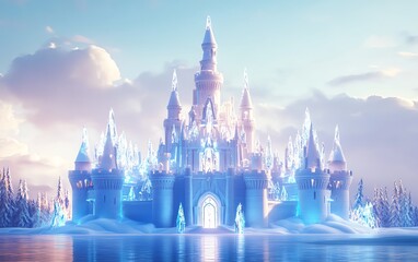 Enchanted ice castle shimmering at sunrise.  Magical winter wonderland scene, perfect for fairytale themes.