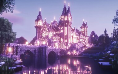 Fototapeta premium Enchanted pink castle at twilight, reflecting in a calm river. A bridge leads to its majestic towers. Perfect for fantasy, fairytale, or game design.