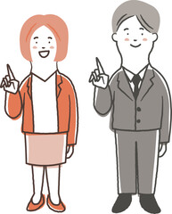 笑顔で案内をしている女性と男性会社員の鉛筆で描いた手書き風のシンプルな全身イラスト素材セット