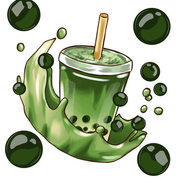 Matcha bubble tea, illustration of a green cold