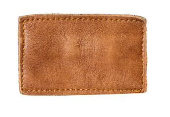 Blank rectangular brown leather label with yellow stitching isolated on white background