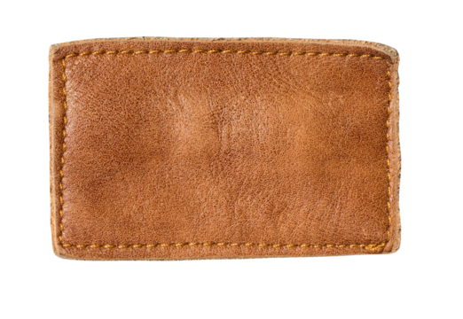 Blank rectangular brown leather label with yellow stitching isolated on white background