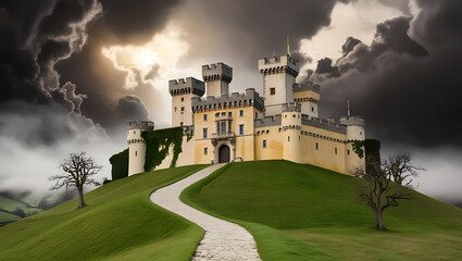 Fototapeta premium Majestic Castle on a Hill Under a Stormy Sky