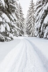Fototapeta premium A snowy path winding through a serene winter forest with tall trees