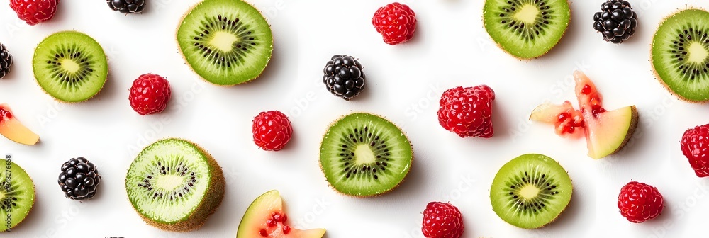 Poster A visually appealing arrangement of fresh colorful kiwis raspberries and blackberries creating a textured and harmonious pattern against a white background