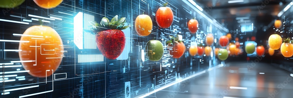 Aufkleber a visually striking composition blending digital fruit elements with a futuristic holographic sci fi