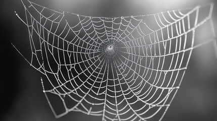 Naklejka premium Close-up view of a delicate spider web glistening with morning dew