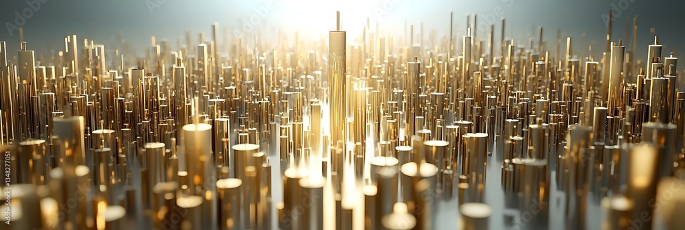Poster a visually striking futuristic cityscape featuring a dynamic array of gleaming golden skyscrapers re