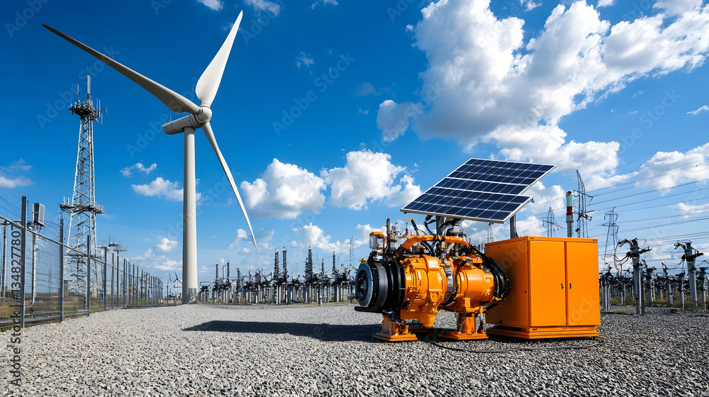 Poster a hybrid power system combining wind turbines and solar panels powering an electric motor that feeds