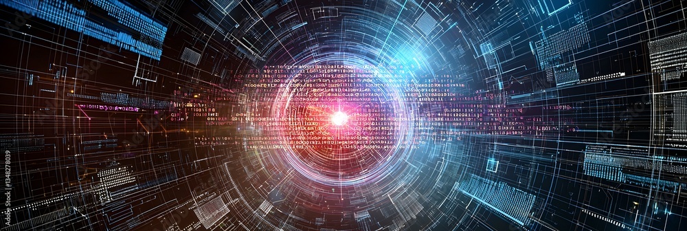 Poster Abstract digital background with a dynamic swirling vortex of communication signals binary code and technological elements