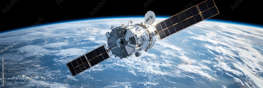 Fototapete advanced satellite technology orbiting the earth enabling worldwide communication data transmission 