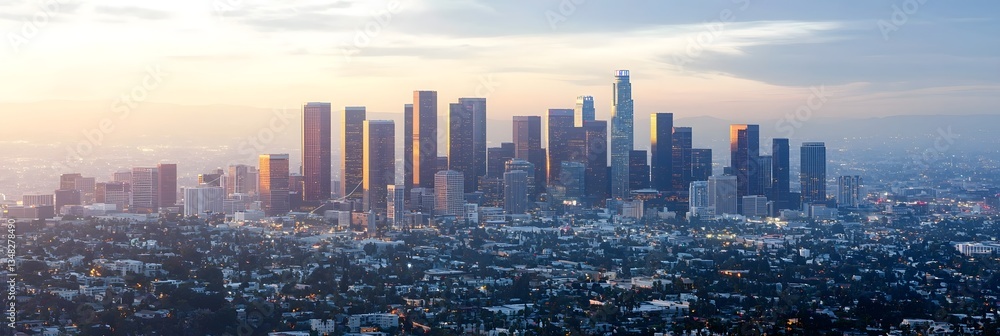 Poster aerial panoramic view of a bustling metropolitan city skyline with towering skyscrapers illuminated 