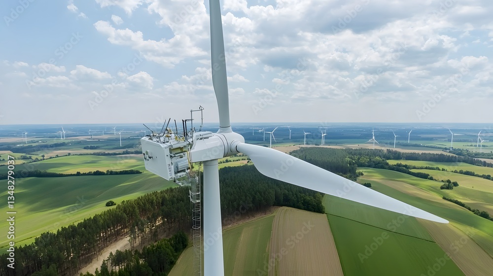 Poster aerial view of a vast wind turbine farm with sensors and equipment for monitoring and optimizing the