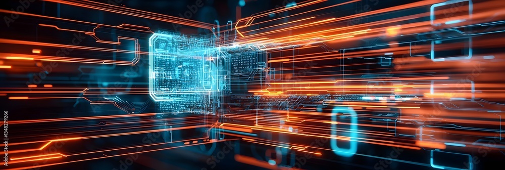 Poster An abstract futuristic image featuring a dynamic grid of luminous holographic elements intertwined with glowing neon wires suggesting advanced technological innovation and digital interconnectivity