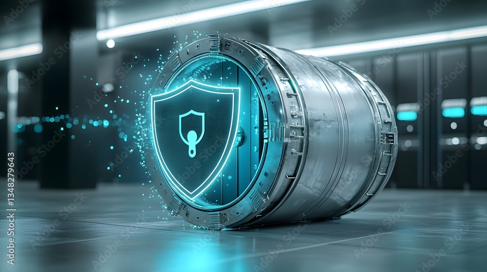 Poster An advanced security system features a metallic vault door with a glowing shield emblem symbolizing the protection of digital data and assets