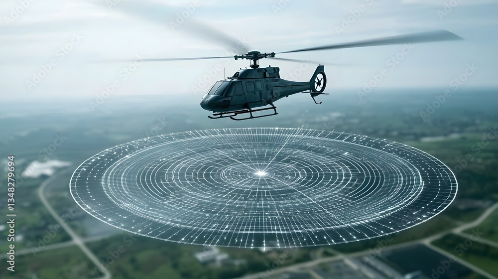 Aufkleber An advanced military helicopter equipped with powerful radar systems scanning a landscape below displaying a detailed digital grid overlay to track and monitor potential movements or activity