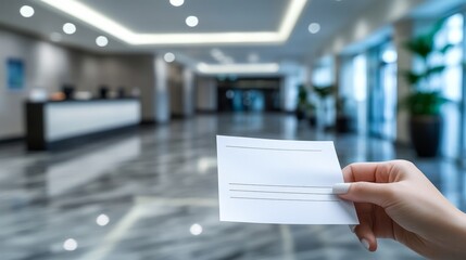 Hand holds form in front of hotel or office lobby