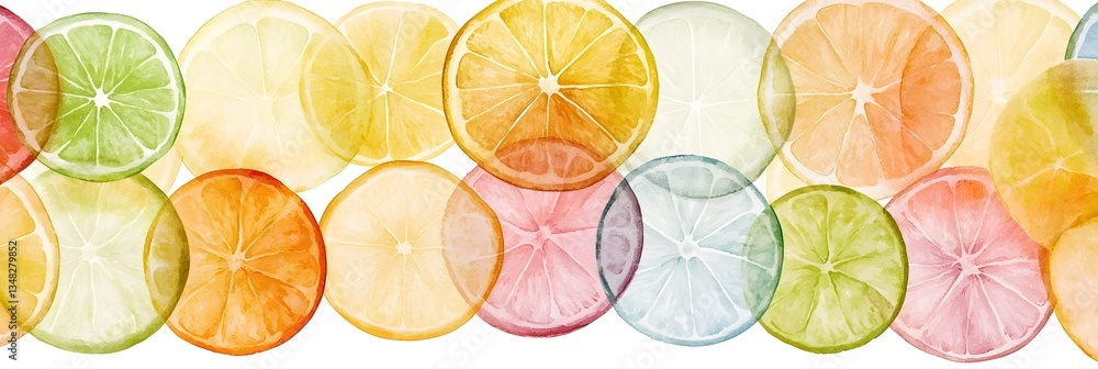 Poster An and vibrant arrangement of sliced citrus fruits such as lemons limes oranges and grapefruits in a watercolor style backdrop creating a playful and refreshing composition