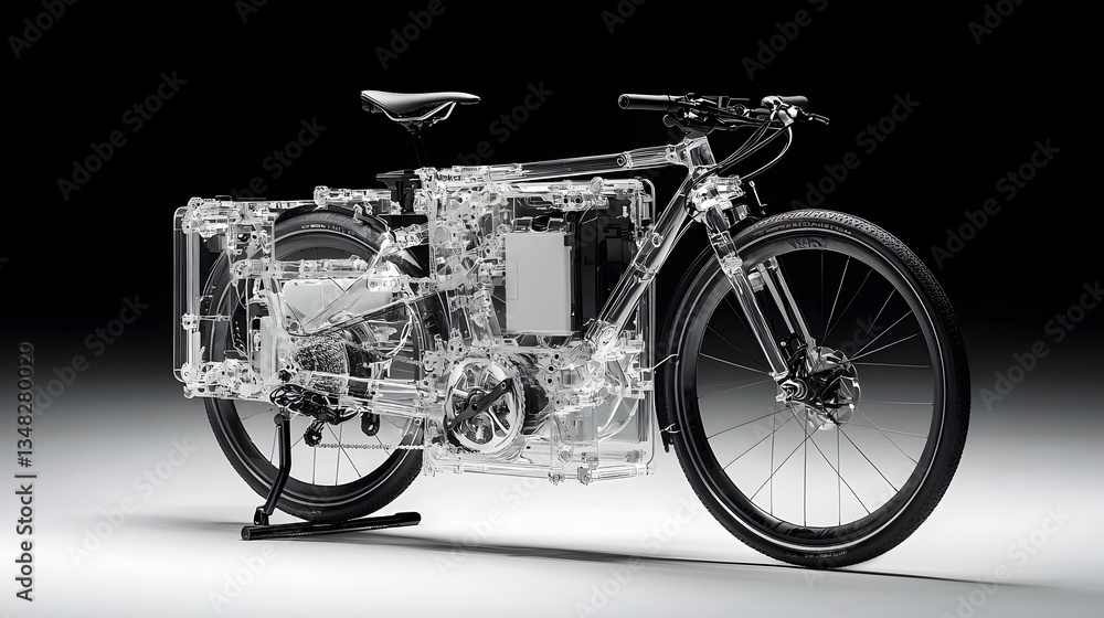 Poster an electric bicycle motor with a transparent casing revealing its intricate internal gears circuits 