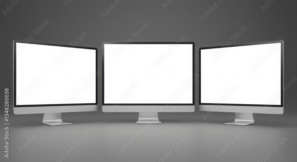 Poster three modern computer monitors display blank screens.
