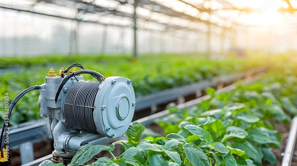 Aufkleber an electric motor installed in a greenhouse powering a vertical farming system that utilizes sustain