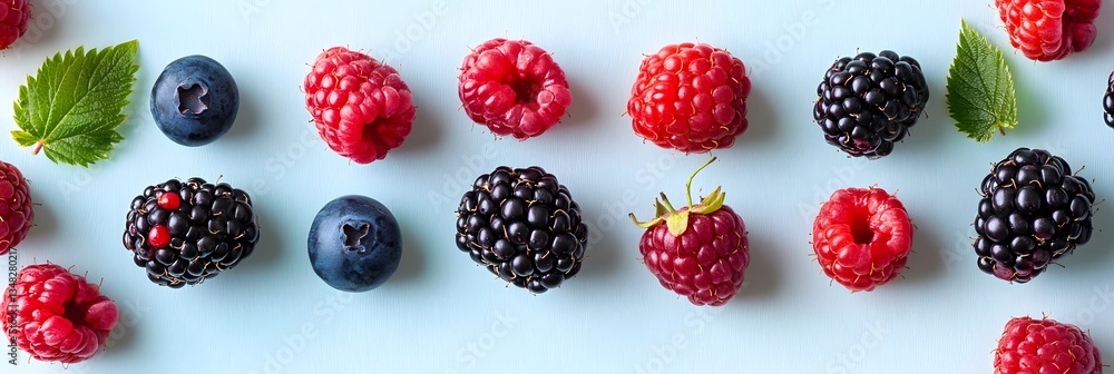 Poster an eye catching flat lay display of various ripe juicy berries including raspberries blackberries an