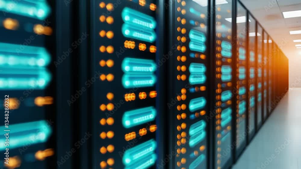Poster illuminated data center with modern infrastructure and blue lights showcasing advanced technology an