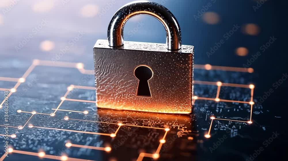 Poster metallic padlock on digital circuit board symbol of security, protection, and data encryption in tec