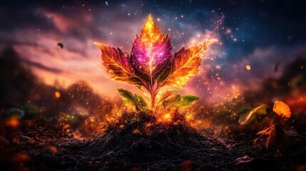 Fiery plant sprouting from ashes.  A vibrant, otherworldly sprout emerges from smoldering earth, illuminated by fiery, glowing leaves