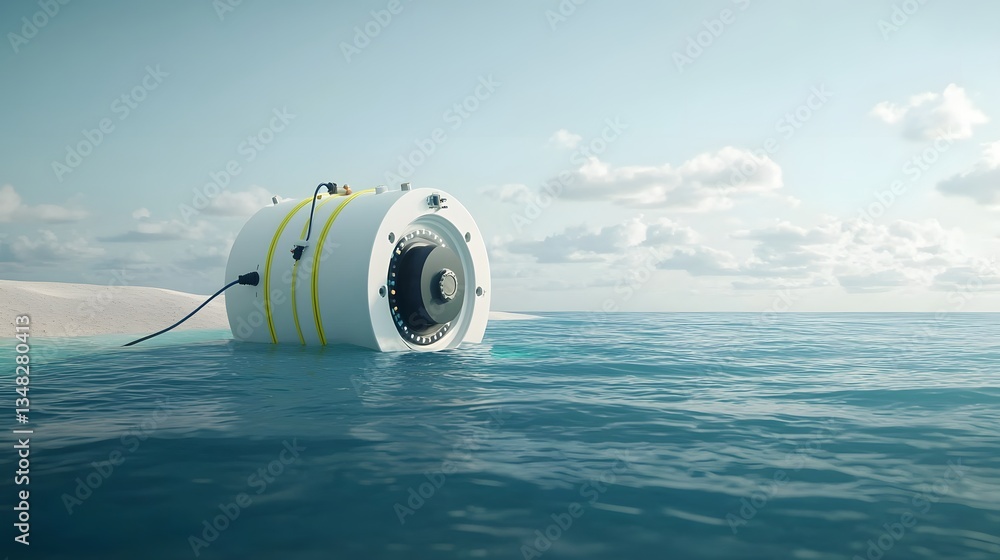 Poster an underwater electric motor device submerged in a blue ocean environment symbolizing the potential 
