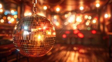 Obraz premium A shiny mirror disco ball hanging on a chain reflecting the bright lights, creating a fun and lively party atmosphere.