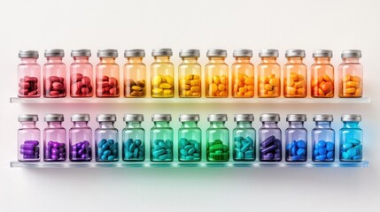 Brightly Colored Pill Bottles on a Shelf Displayed in Order