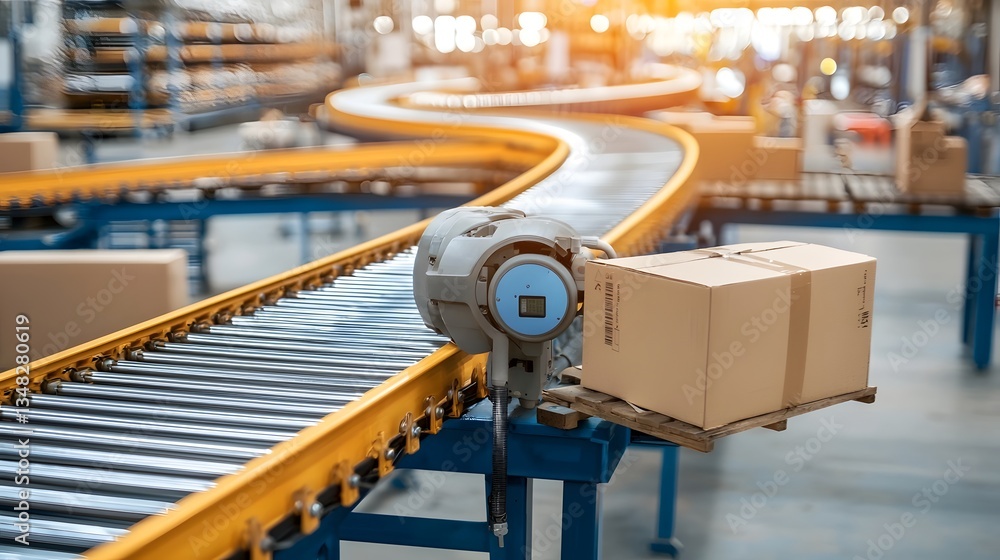 Poster Automated conveyor belt system transporting packages and goods in an efficient high tech warehouse or distribution center