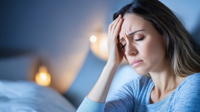 Woman in distress with a headache and fatigue touching her forehead in bed at night Concept of discomfort illness stress and sleep issues
