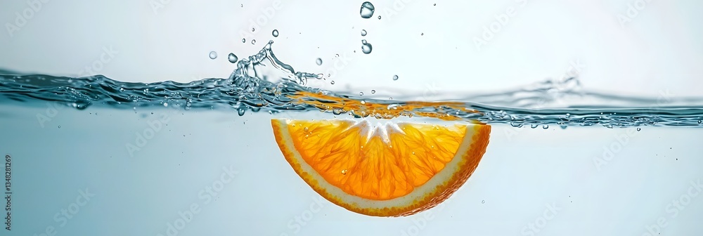 Aufkleber cinematic close up of a single orange slice falling into a pool of crystal clear water creating a dy