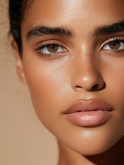 Close-up portrait showcasing radiant skin captivating hazel eyes and glossy lips A celebration of natural beauty with emphasis on subtle facial features