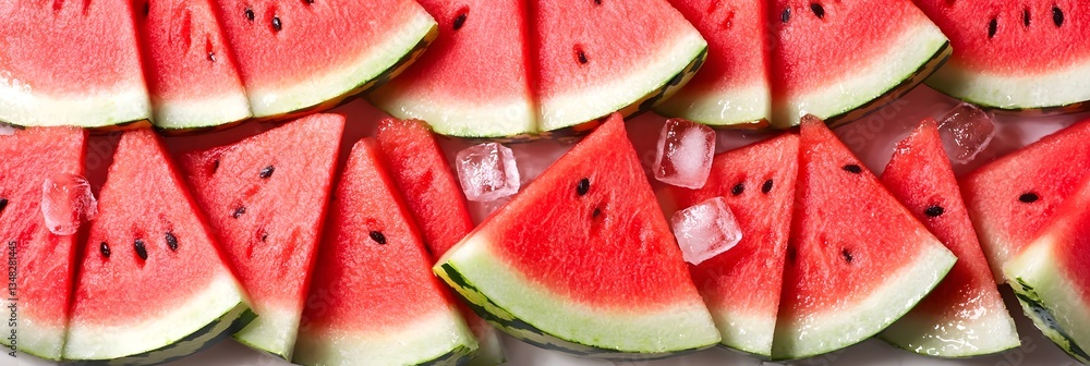 Poster Close up of vibrant red watermelon slices with ice cubes creating a refreshing and hydrating summer background