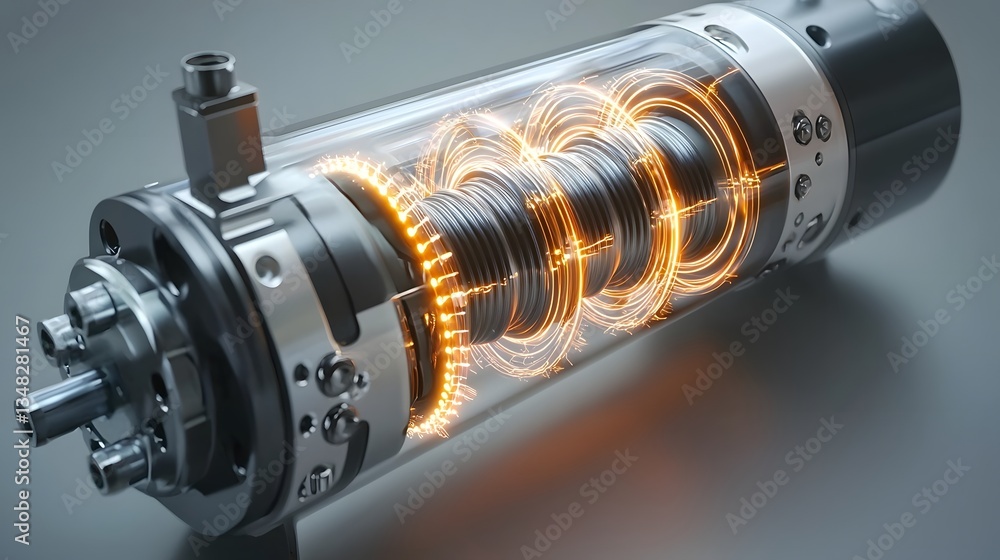 Poster close up view of a brushless dc electric motor with its glowing coil system representing the transfe