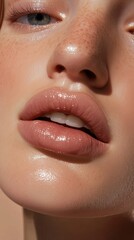 Close-up of glowing dewy skin highlighting a pair of glossy lips freckled nose and the subtle sheen of fresh skin in natural light