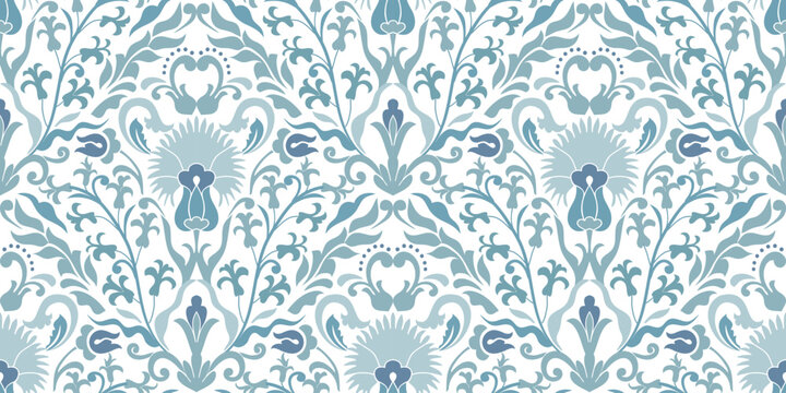 Vintage seamless damask pattern. Hand drawn floral background in turkish style. Wallpaper in Victorian style. Vector illustration