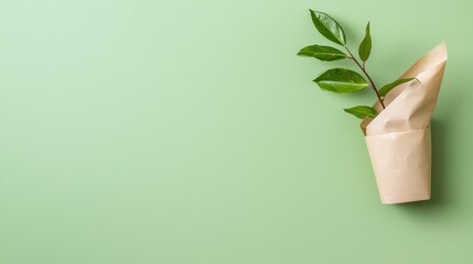 Green Plant Sprout in Paper Pot on Light Green Background