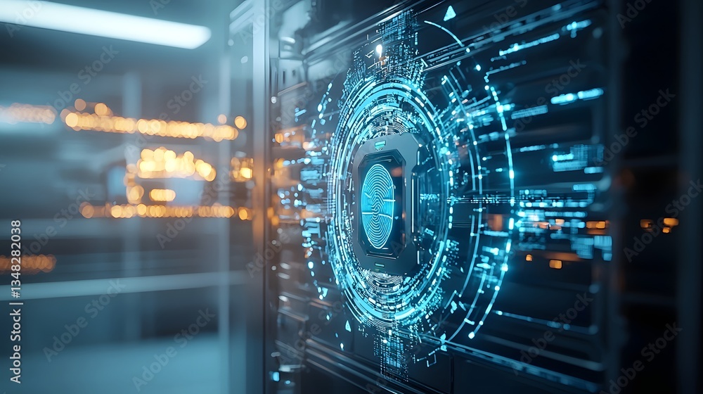 Leinwandbilder Close up view of a futuristic biometric scanning system displaying intricate digital patterns and interfaces to unlock a state of the art secure safe