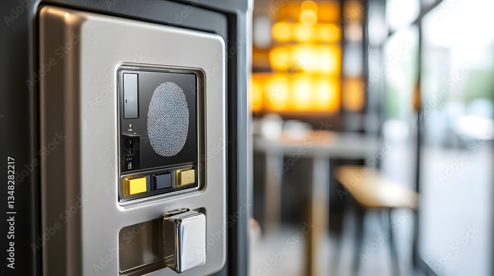 Poster Close up view of a fingerprint sensor interface on the front of a secure metal safe with a warm glow of light filtering through the compartment in the background